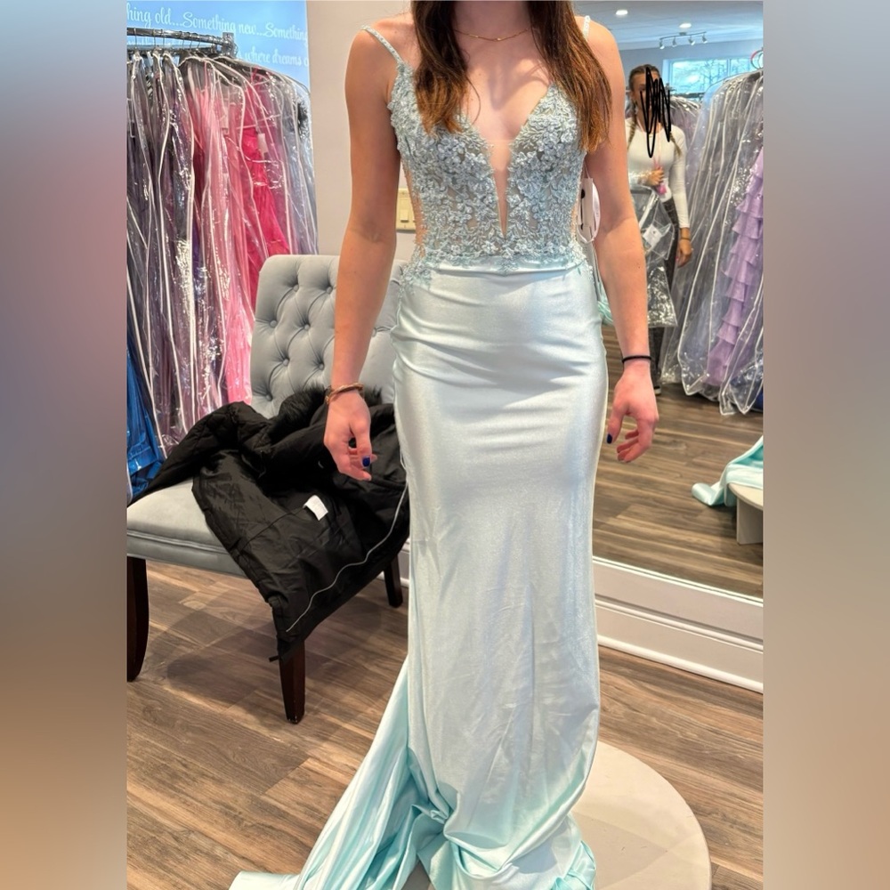 Light blue Sherri Hill gown prom dress